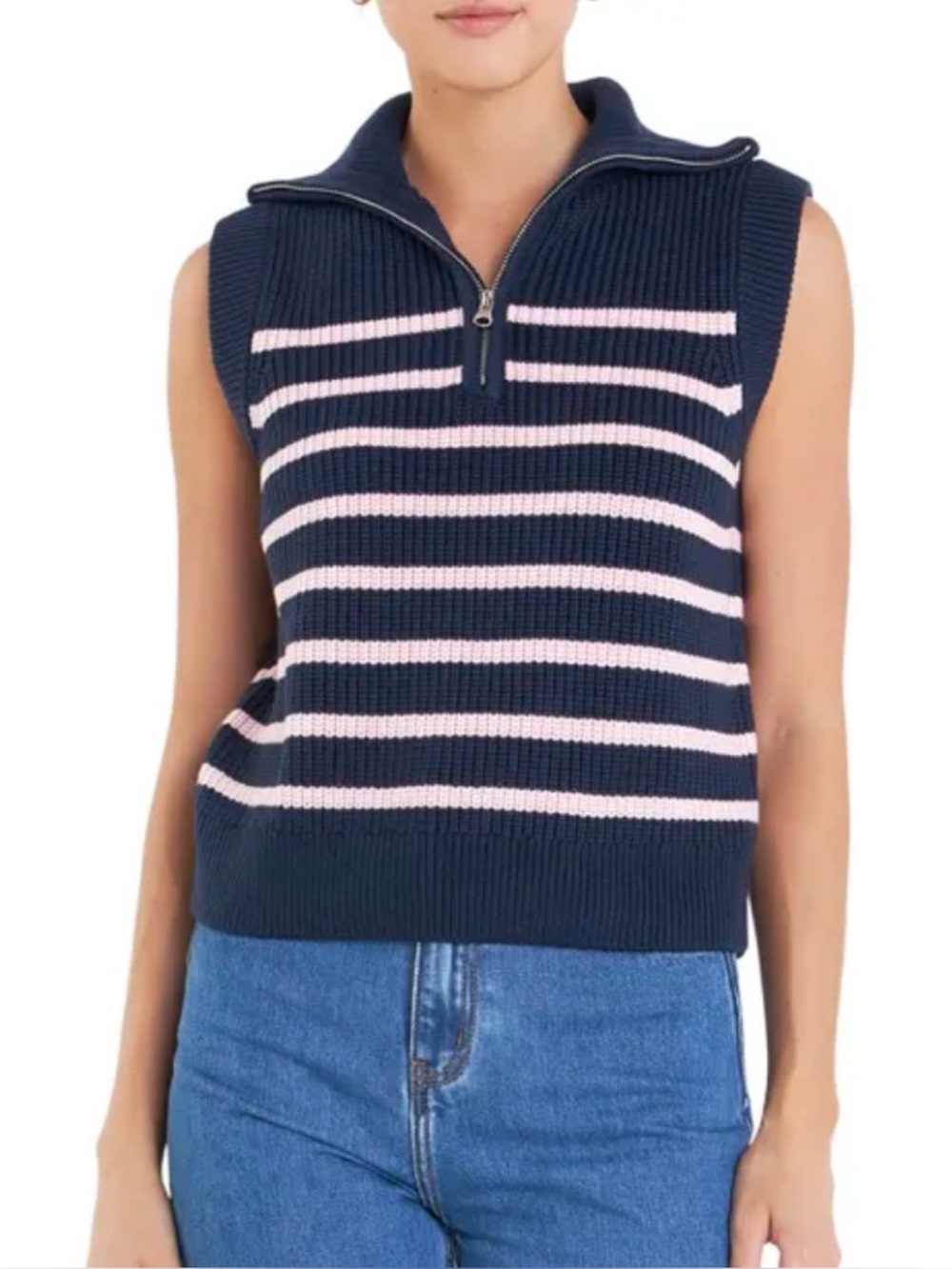 English Factory Navy and Light Pink Striped Sleeveless Zip-Knit Sweater